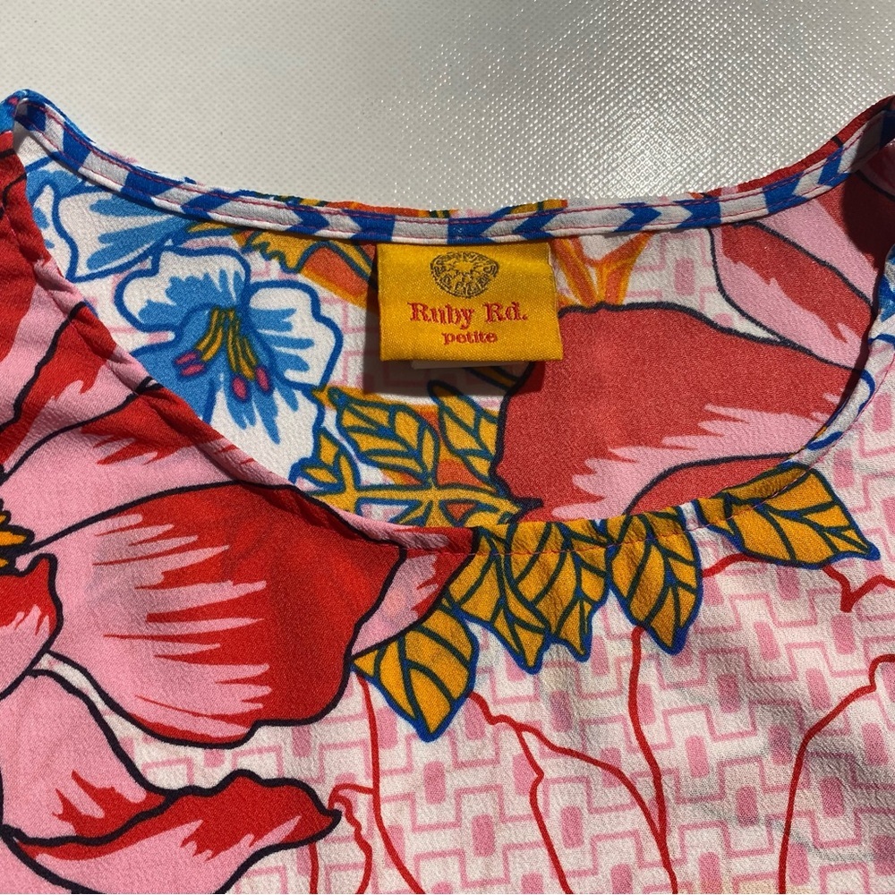 NEW Petite SIze PM Ruby Rd. Bright Blooms 3/4 Sleeve Floral Geo Print Blouse $65 - Picture 9 of 11